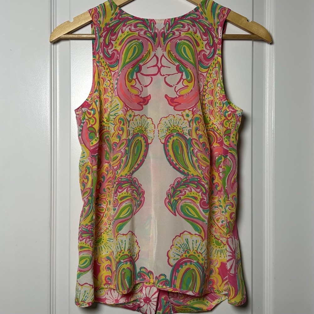 Lilly Pulitzer 100% Silk Pink Yellow Green Iona Shell Sleeveless Button Back Top